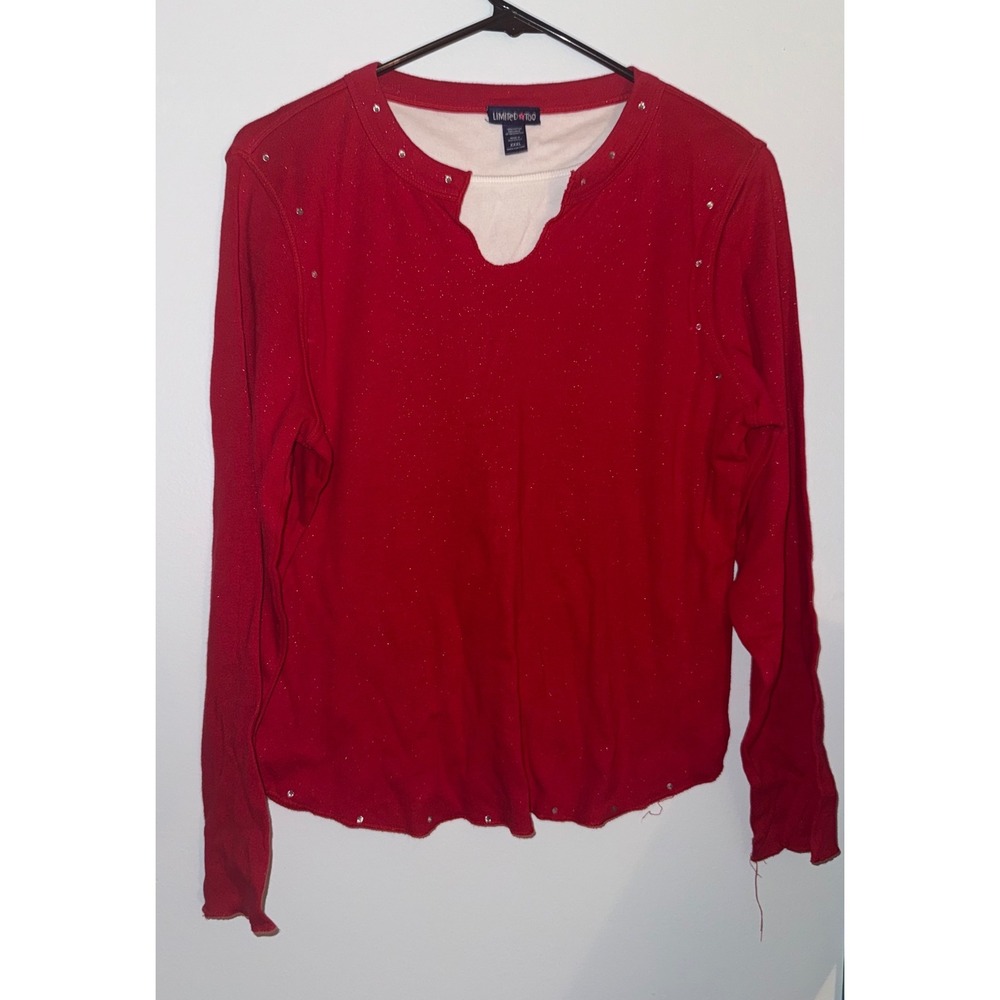 Limited Too Layered Jeweled Shimmer LS Tee Red & White Size XXXL Closed Raw Hem